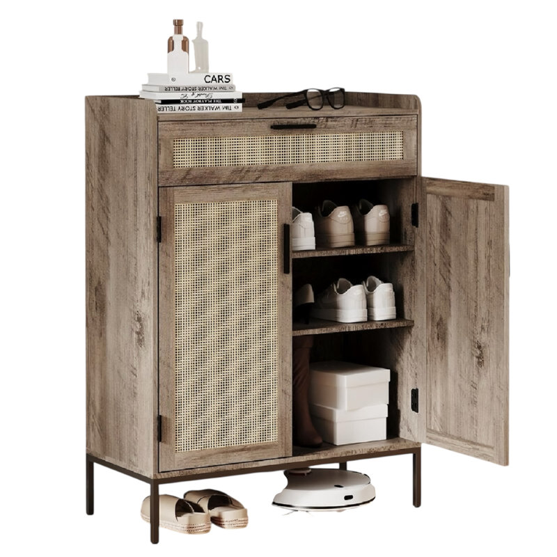 Armoire de rangement blanche avec portes en rotin, tiroir supérieur et tablettes réglables, Naturel