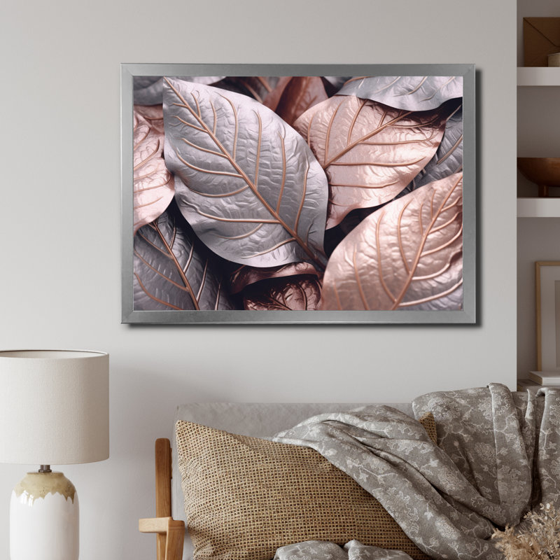 «Gold Pink Leafs Harmony I» sur toile, H 16 po x l 32 po x P 1 po, Cadre photo argenté