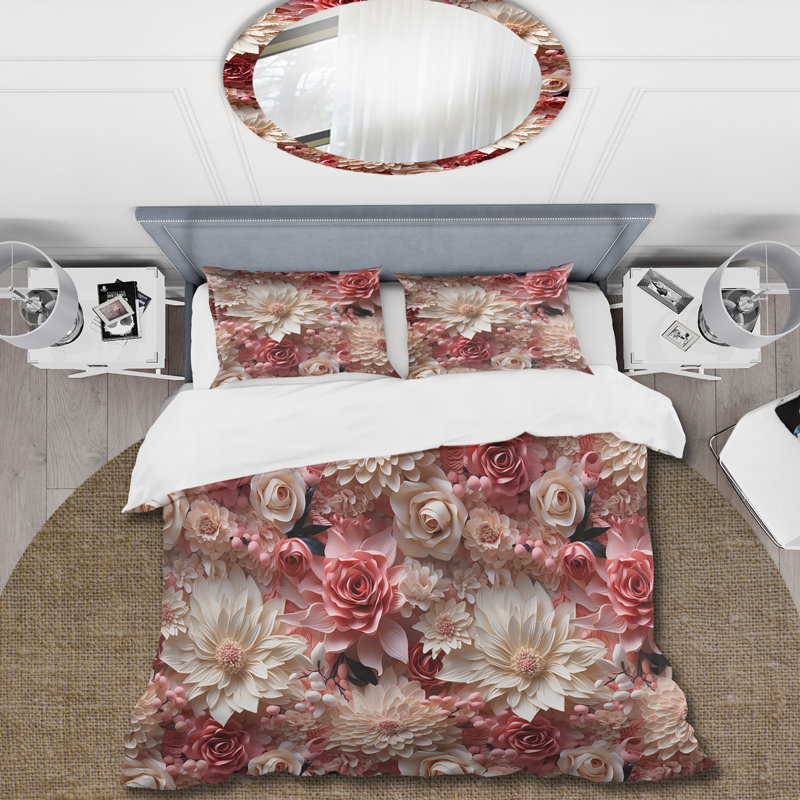 Literie rose et blanche avec dentelle romantique chuchotant II, Housse de couette pour très grand lit et 2 très