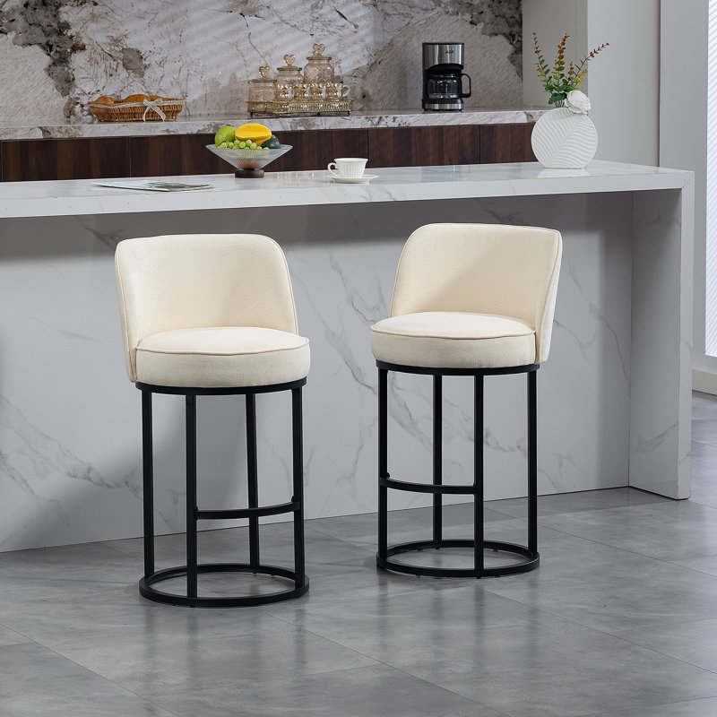 Ensemble de 2 tabourets de bar à hauteur de comptoir, conception de baril moderne avec dossier, revêtu de lin pour le confort et le style des îlots de cuisine