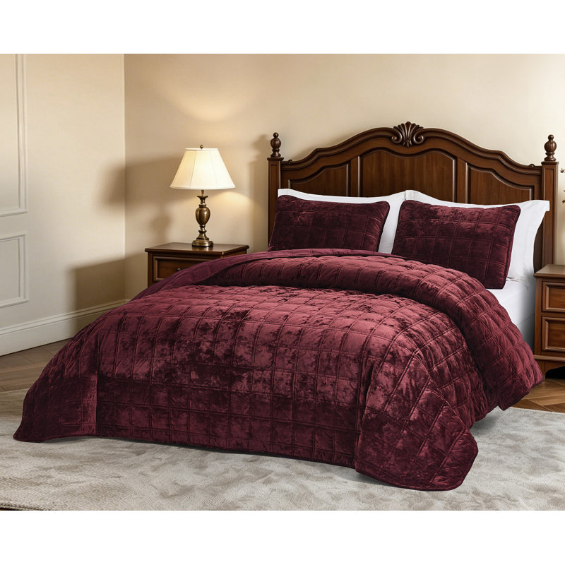 Velvet Quilt, Burgundy, Oversized King Quilt + 2 King Shams