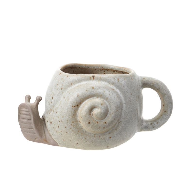 2-Piece Stoneware Snail Shaped Left Handed/Right Handed Mug With Reactive Glaze, Speckled Cream Colour And Brown