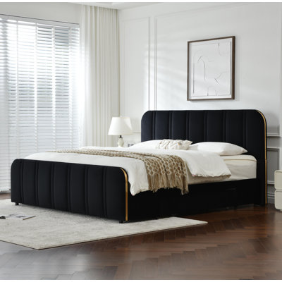 Lit tapissier avec 2 grands tiroirs de rangement en bois 