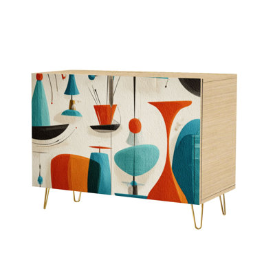 Sideboard Buffet Cabinet with Storage Mid Century Modern Atomic Turquoise Orange with 2 Doors for Living Room and Kitchen