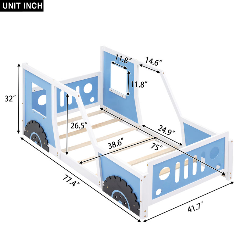 Lit plateforme classique avec roulettes en forme de voiture, Bleu, Lit simple