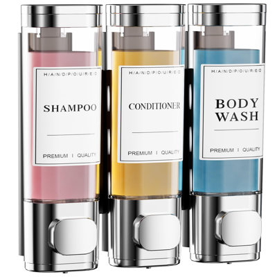 Distributeur de shampooing et revitalisant, distributeur de douche à 3 compartiments sans perceuse, distributeur de shampooing pour douche, bouteilles transparentes résistantes à la rouille et grande capacité, distributeur de savon de douche à fixation murale avec serrure, argent