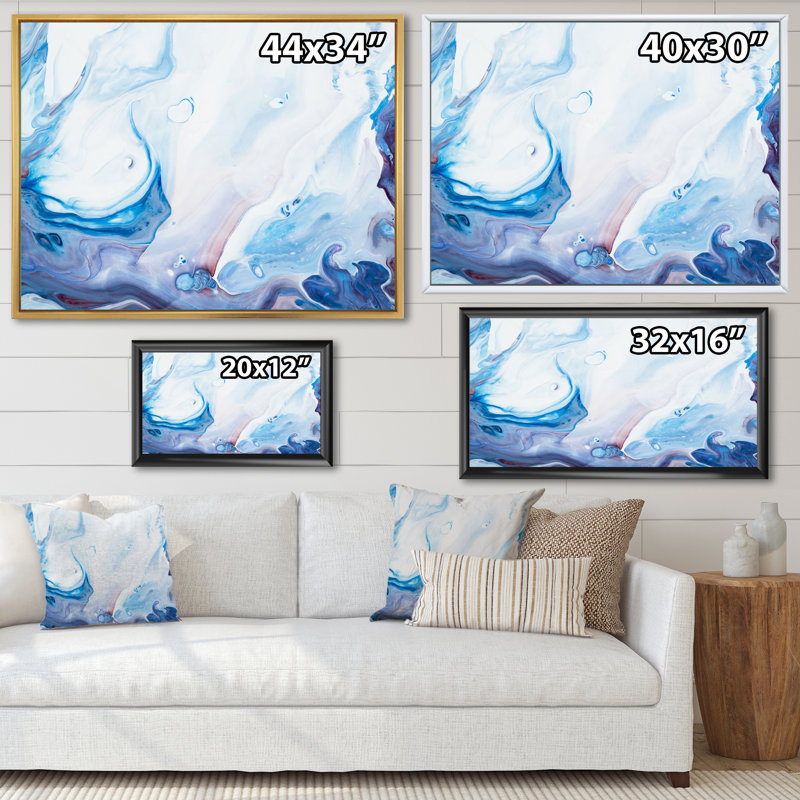 Bleu clair et rose liquide univers - reproduction sur toile, Toile à cadre flottant blanc, H 16 po x l 32 po