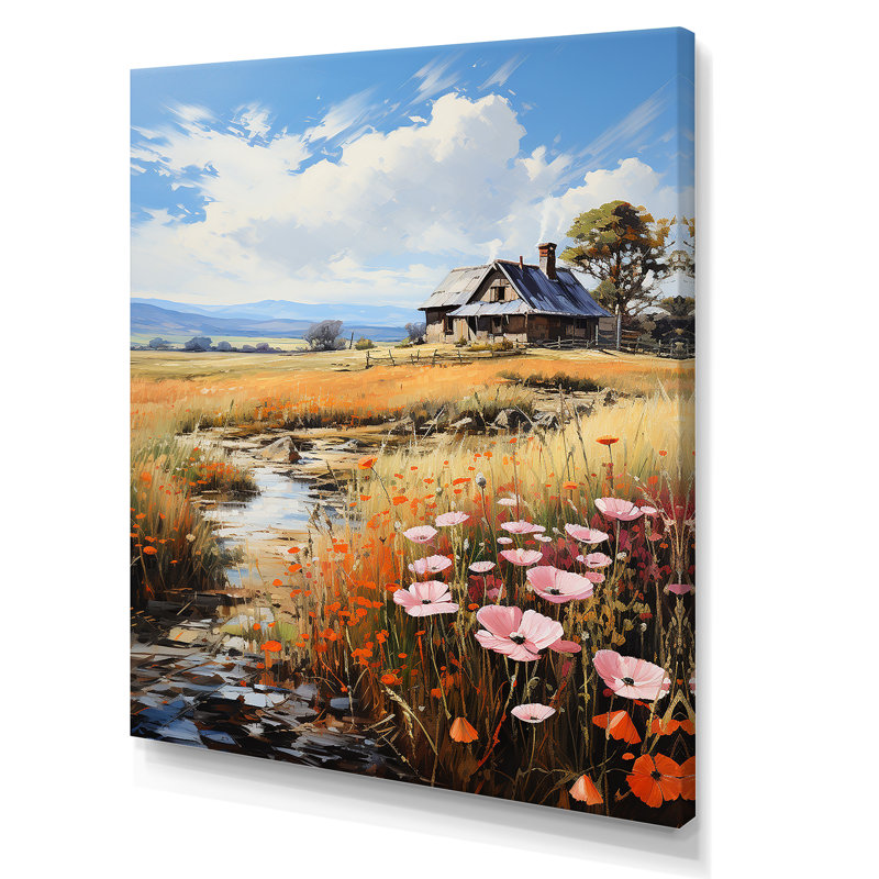 Meadow Cottage At The Pond 1 - Art mural paysage, Toile tendue, H 44 po x l 34 po x P 1,5 po