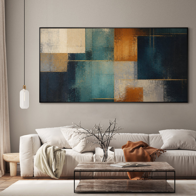 Extra Large Wall Art Fabric Print - Dark Abstract Blocks in Red Gold and Black for Living Room or Bedroom - "Frame Assembly Required (Unfinished Frame)"
