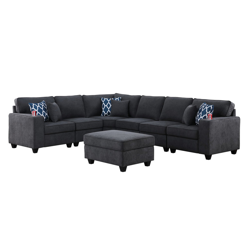 Canapé modulaire réversible en forme de L 7 pièces 7 pièces en tissu gris pierre, avec dossier de 18 po de hauteur, pieds en plastique brun de 3,25 po, porte-gobelets en mousse et accoudoir de 24,25 po