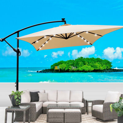 Parasol de patio rectangulaire brun clair - 26 lumières à DEL solaires, météo, auvent 180G, poteau en acier, pour terrasse de jardin