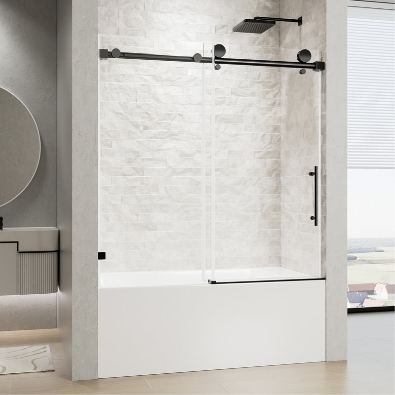 56"-60" W x 60" H Frameless Single Sliding Shower Door, Matte Black Bathtub Door, 5/16" (8mm) Clear Tempered Glass With Explosion-proof Film, Stainless Steel Handle