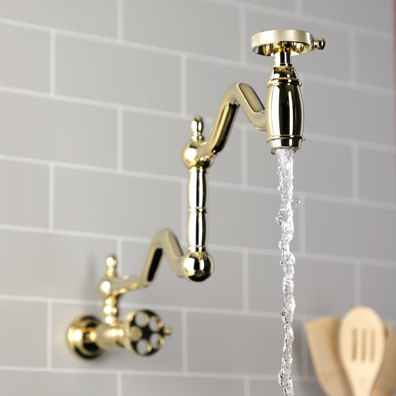 Kingston Brass Wendell Two-Handle 1-Hole Wall Mount Pot Filler Faucet with Knurled Handle, Polished Brass