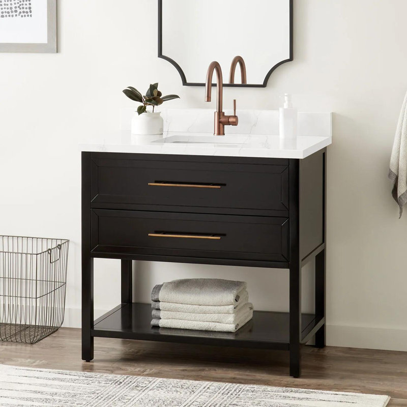 36" Robertson Single Bathroom Vanity Set with Rectangle Undermount Sink, Arctic White Quartz, Single Hole, Black
