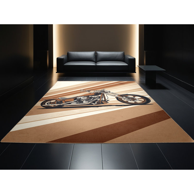 Soft Plush Grozdana Custom Chopper Motorcycle Modern Striped Area Rug in Brown – Beige Binding, 8x10