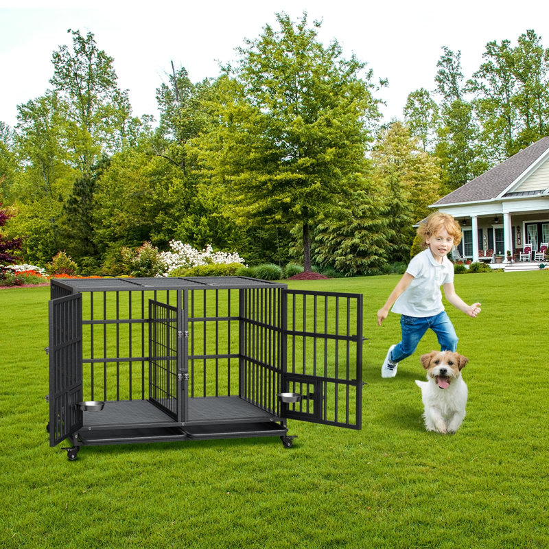 Caisse pour chien en acier robuste avec roues verrouillables, cloison amovible, portes doubles et plateau coulissant, conception spacieuse à bas seuil pour les grands chiens
