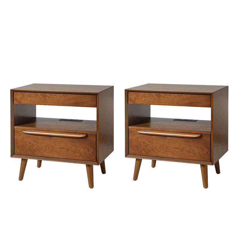 Table de chevet moderne 2 tiroirs Nawaal avec station de charge et plateau coulissant (ensemble de 2), Gland
