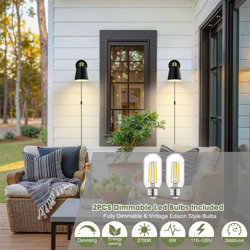 Dimmable Wall Sconces with Plug in Cord and Dimmer On/Off Knob Switch (Set of 2)