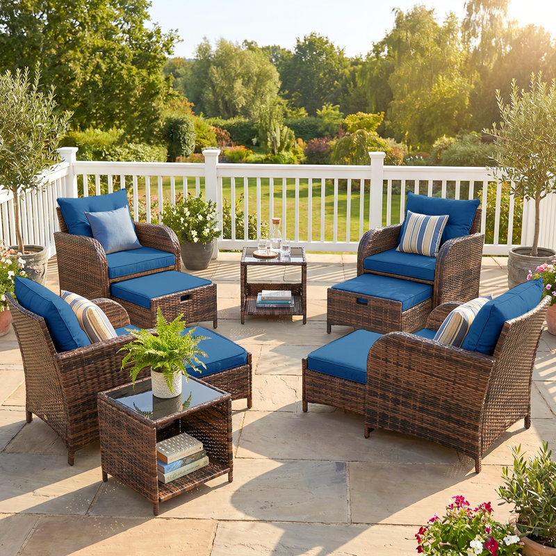 4-person Outdoor Wicker Patio Conversation Set, Modular Sectional Seating Group With Ottomans And Tempered Glass Coffee Table, Weather-resistant All-weather Furniture Set For Backyard Deck Poolside