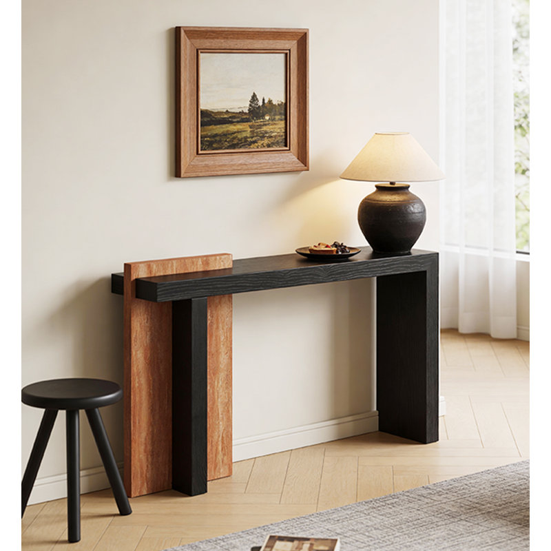 Console en bois massif Contemporary, H 33,5 po x l 55,1 po x P 13,8 po, Noir / brun, Noir, Brun