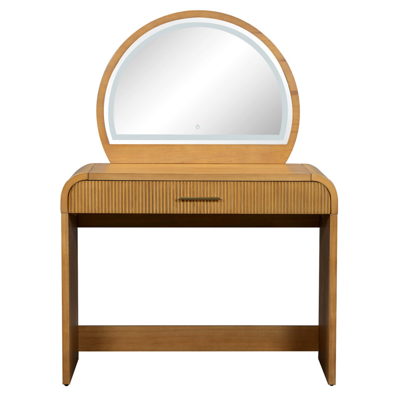 Table de coiffeuse 39 "avec miroir et miroir à écran tactile, coiffeuse avec tiroir pour chambre à coucher, Naturel