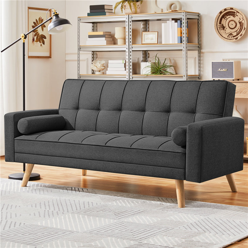 Moda Form 185CM 3 Seater Convertible Settee Sofa Bed With Armrests and 2 Bolster Pillows,, Dark Grey Polyester