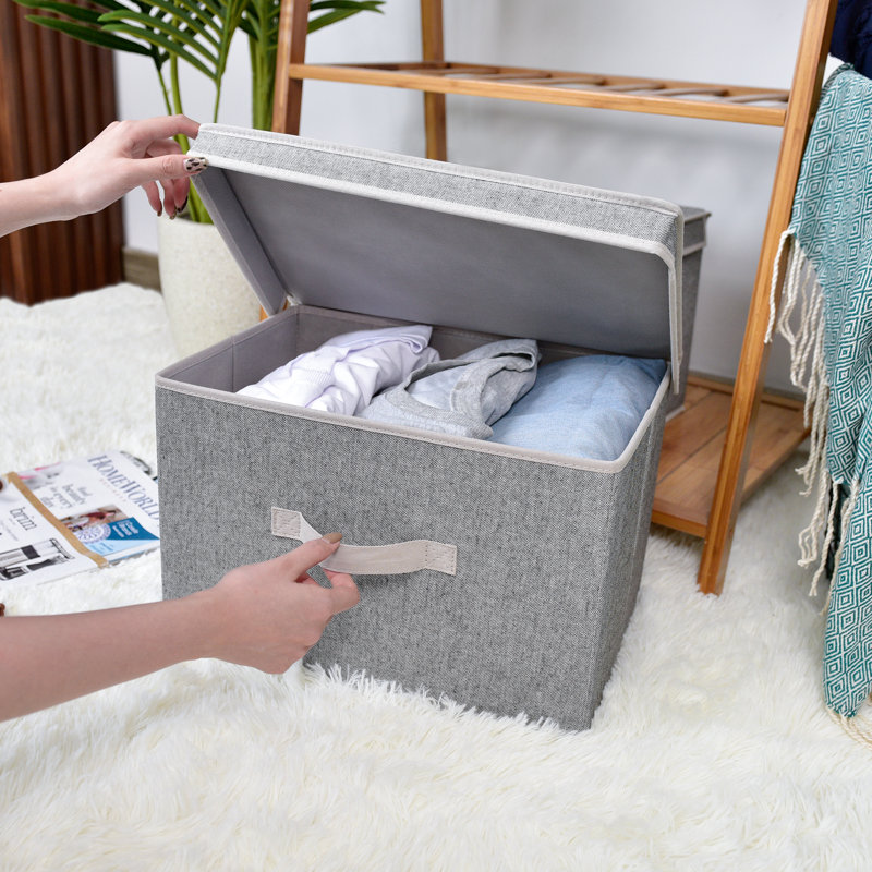 Set of 2 Storage Fabric Boxes with Lids, Gray