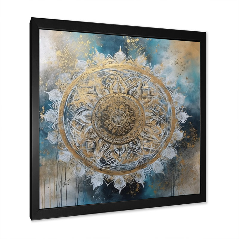 Sarcelle et mandala doré III sur toile, Cadre d'angle fermé noir, H 16 po x l 16 po x P 1 po