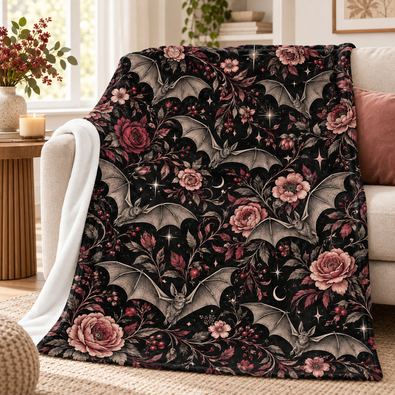 Vintage Bat Floral Blanket, Black Flannel Throw with Dusty Rose Blooms, Stars and Crescent Moons for Couch, Bed, Reading, Travel and Room Styling, 30 x 40 in