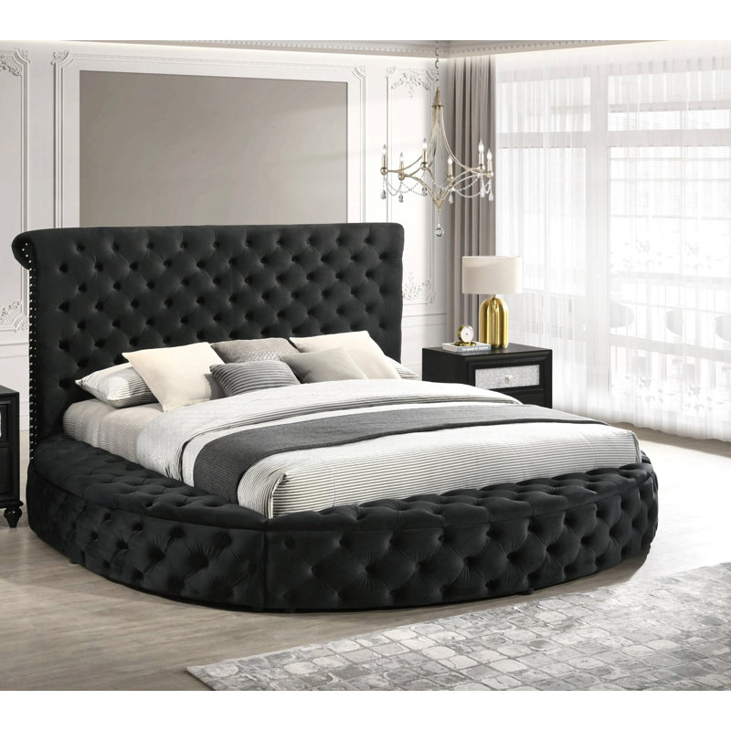 Lit de rangement capitonné rond en velours noir 1pc, Grand lit