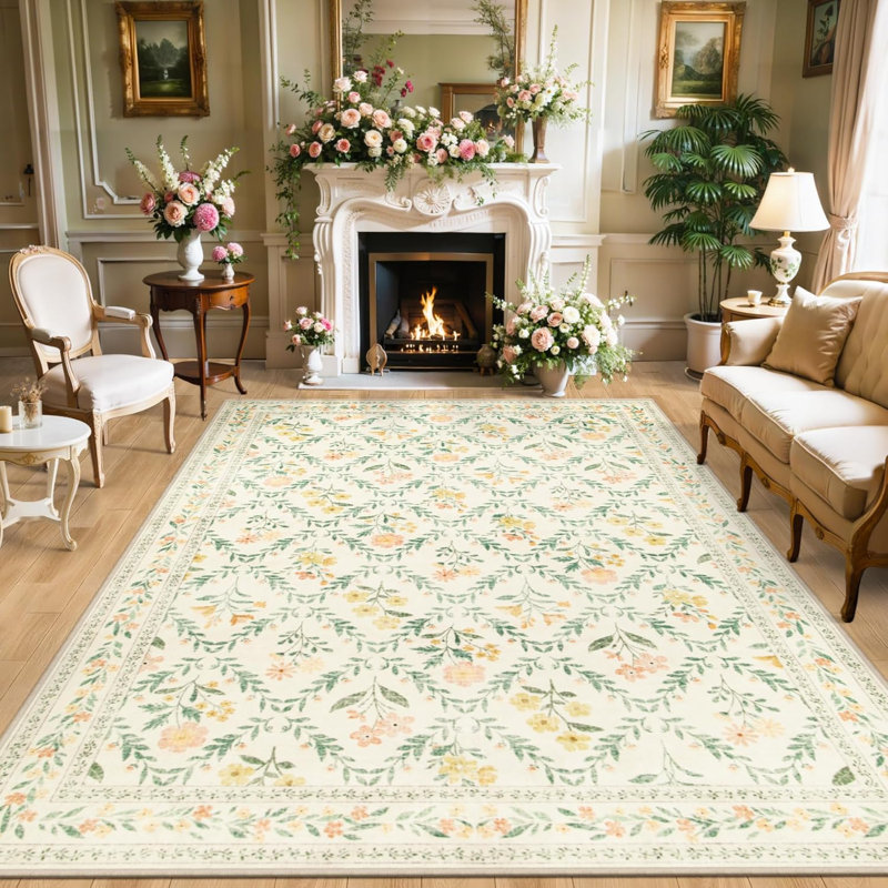 Tapis floral lavable 8 x 8 x 8 po avec envers antidérapant beige / multicolore