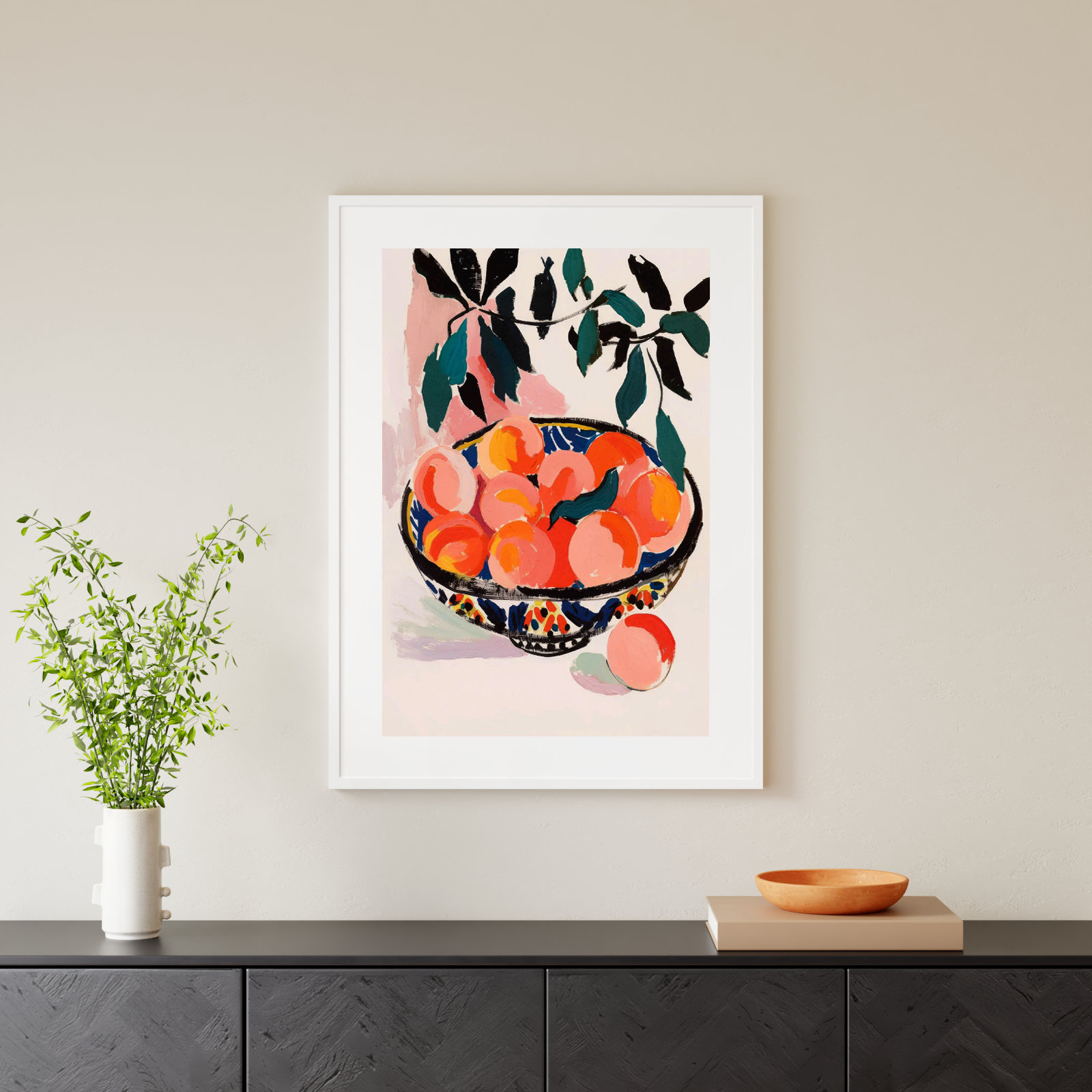 Ottilie "Fresh Peach Fruit Bowl" Print, White Framed, 41" H x 30" W