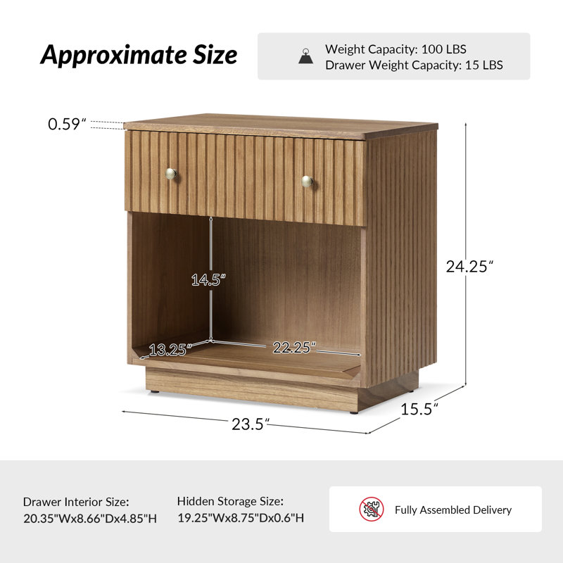 Table de bout moderne en bois massif cannelé avec compartiment caché et table de chargement de 23,5 po de largeur Satine