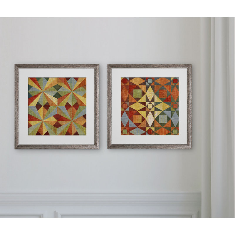 'Kaleidoscope Quilt' 2 Piece Framed Print Set, Brown Framed