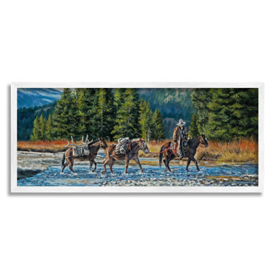 «Crossing River Cowboy Landscape» encadré sur bois par David Graham, peinture