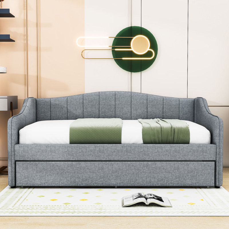 Twin XL Upholstered Daybed with LED and Trundle, Gray