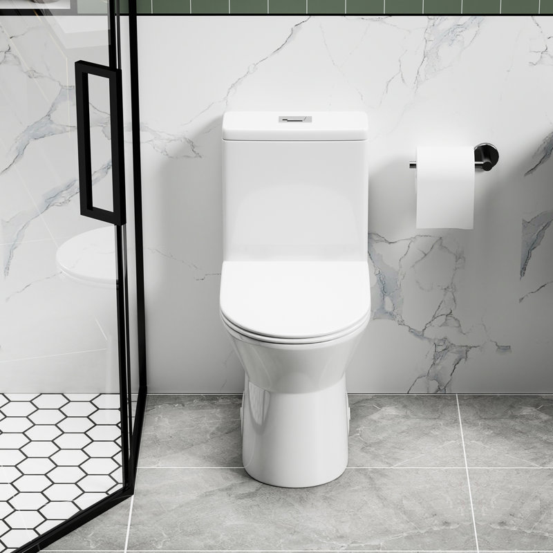 Modern Bathroom Toilet, 17" Height, Dual Flush 1.1/1.6 , Rimless Bowl, Soft Closing Seat, Gloss White, 12" Rough-In Compliant, Flush, Close Rough-In, Hygiene Focused