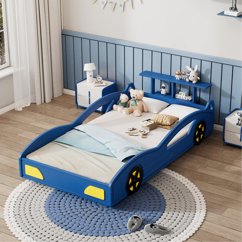 Lit de voiture de course en bois, lit plateforme simple en forme de voiture avec roues pour adolescents, bleu et jaune, Bleu