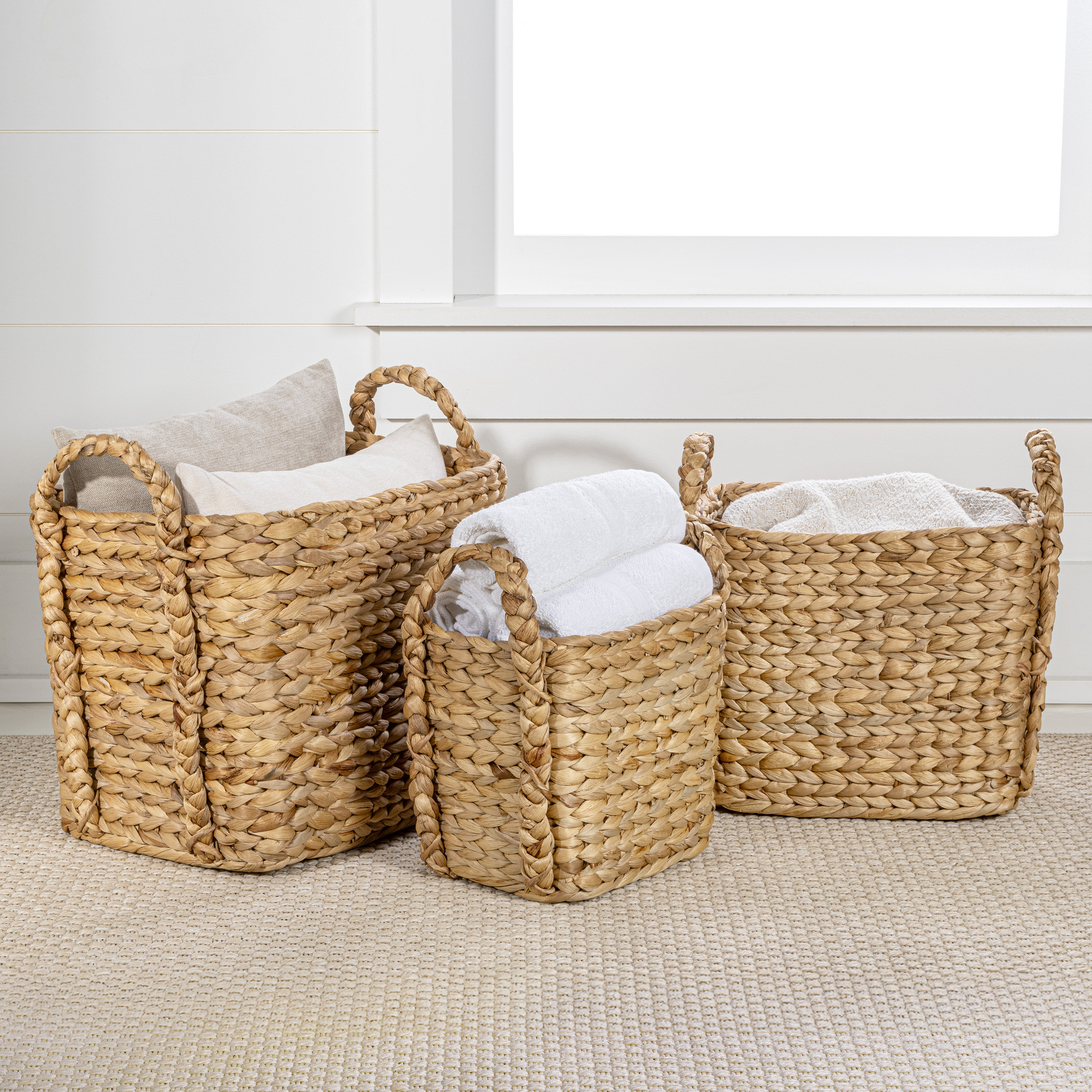 Gracie Oaks Burson Farmhouse Classic Handwoven Hyacinth Rectangle Storage Floor Baskets with Handles (Set of 3) | Wayfair