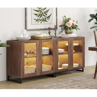 Buffet 2 en 1, crédence de rangement à 4 portes en verre avec tablette réglable et base en métal, armoire à café moderne pour la cuisine et le salon