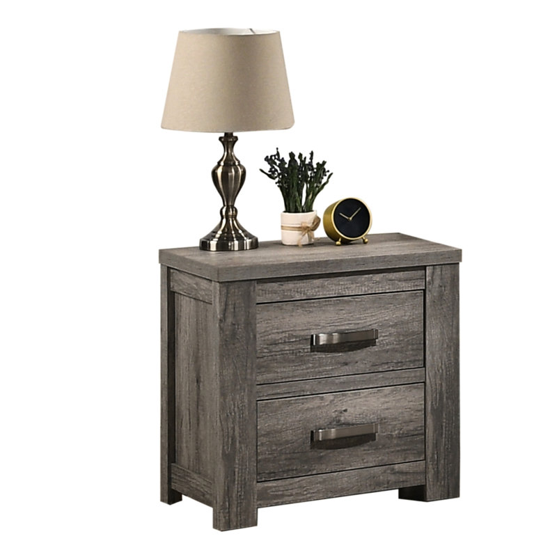 Élégante table de chevet en bois gris vieilli avec deux tiroirs pour deux chambres contemporaines dans une ambiance luxueuse