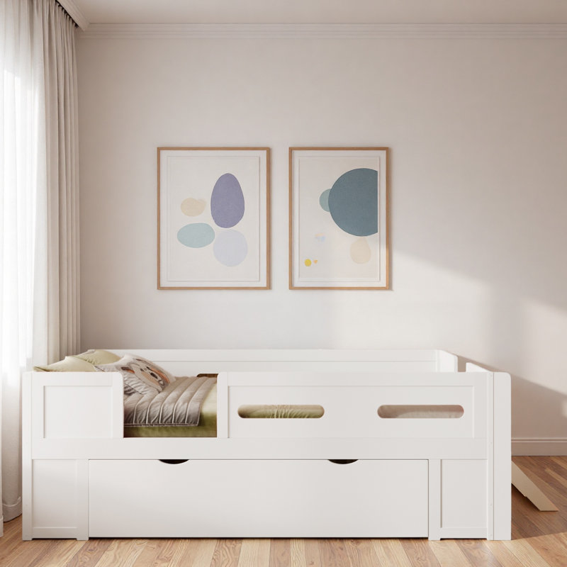 Lit plateforme en bois avec garde-corps et tiroir, Lit double, Blanc