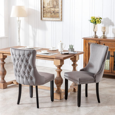 Upholstered Dining Chair , 2 Chairs, Gray. Velvet Upholstery. Solid Wood Legs. High Back Support. Mid-Century Modern Look. Adjustable Pegs Of In Gray, Velvet, Backstitching Nailhead Trim, Legs,