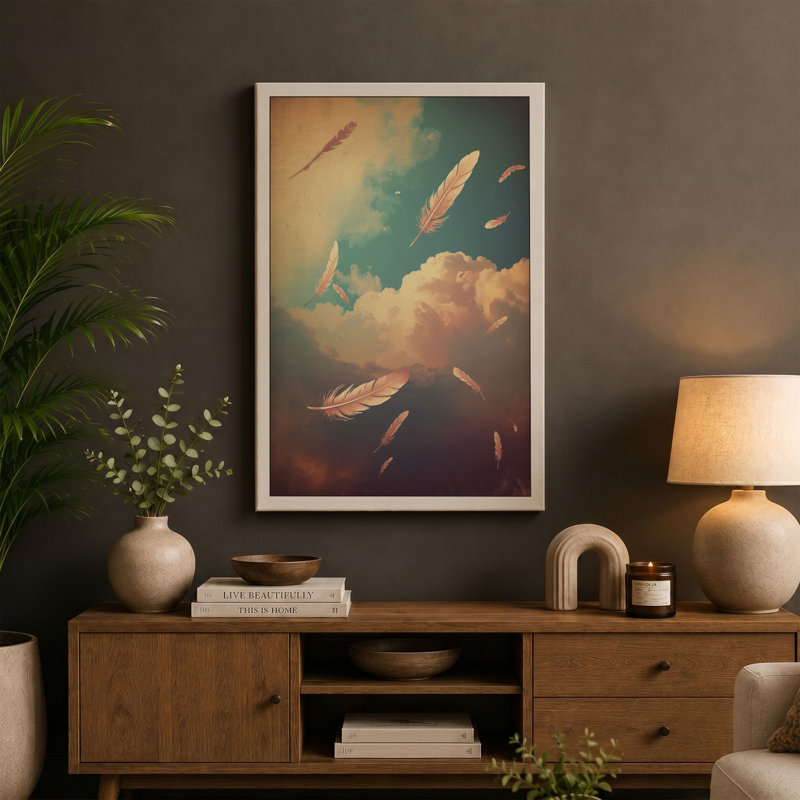 Feathers in Flight Boho - Wrapped Canvas, 30x20 - 76.2 x 50.8 cm, Taupe Border