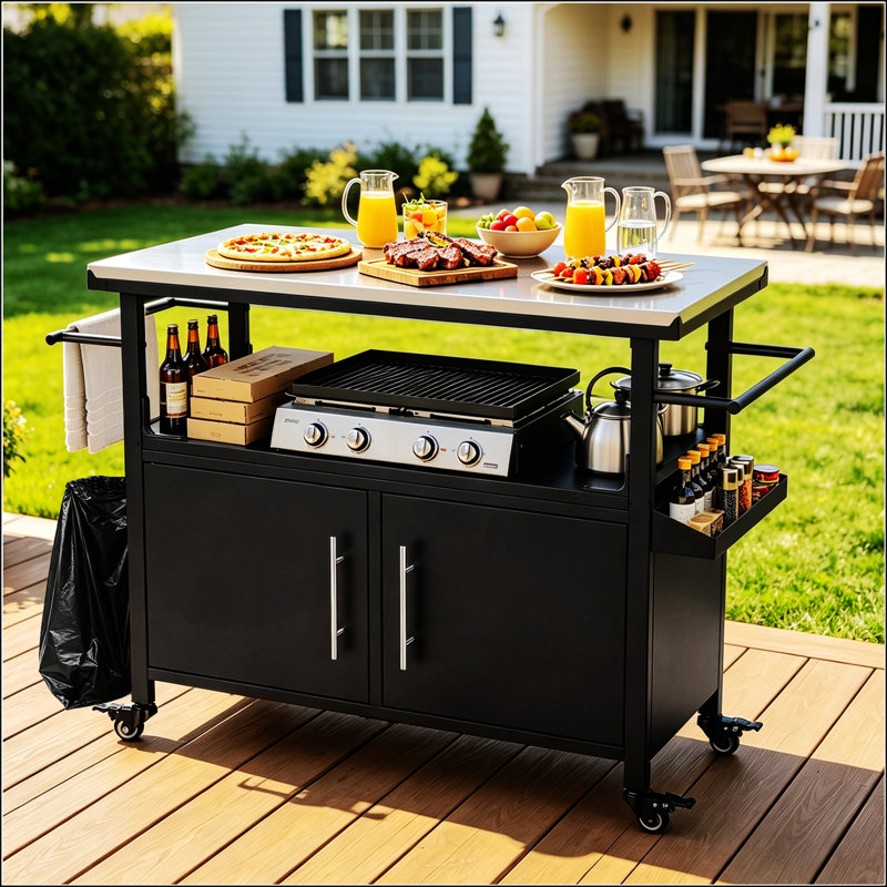 Chariot de barbecue extérieur durable avec rangement, porte-serviettes et porte-épices pour une expérience de grillade améliorée