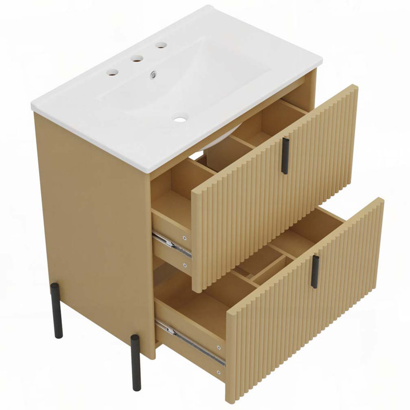 Meuble-lavabo de salle de bain avec lavabo en céramique et tiroirs pleine extension, Naturel