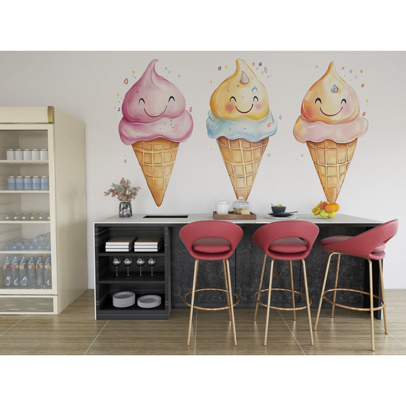 Adorable murale de crème glacée, aquarelle, crème glacée, café, art mural, dessert, 386Mv, 50" H x 95" W