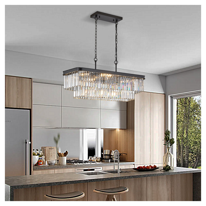 Lustre rectangulaire moderne en cristal industriel moderne avec îlot de cuisine noir réglable