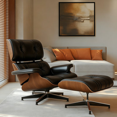 Genuine Leather Swivel Lounge Chair With Ottoman