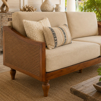 71" Mid-Century Chenille Loveseat Sofa, Rattan Arms and Rubber Wood Legs for Living Room